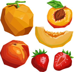 isolated objects, bright geometric fruits vector set, gouache style triangles, strawberries peaches melon, design decor colorful