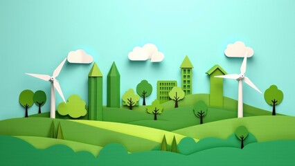 Naklejka premium Paper Cutout Green City With Windmills