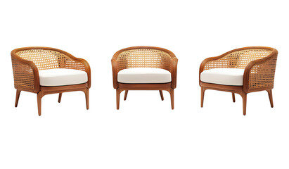 Fototapeta premium Three views of a rattan and wood single-person armchair, isolated on transparent background