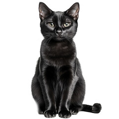 Obraz premium Elegant black domestic short haired cat sitting upright on a plain white background with attentive eyes and sleek fur, showcasing feline grace and charm