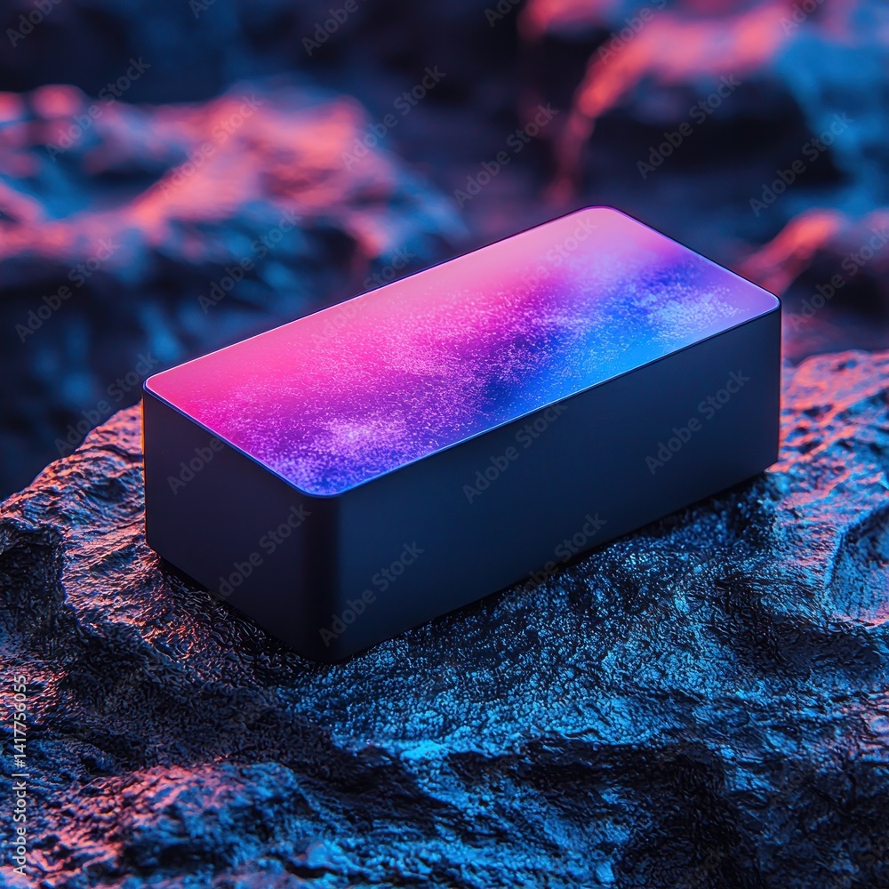 Poster geometric box with cosmic gradient on a textured terrain surface