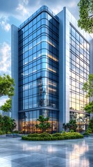 Architectural marvel, sleek modern office building with nature landscape