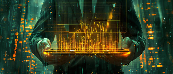 Businessman holds digital tablet with glowing financial chart and city skyline overlay