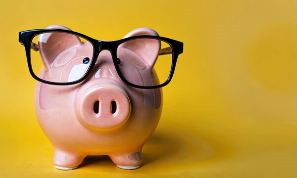 Pink piggy bank with glasses on yellow background