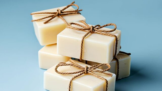 Handcrafted soap bars arranged with twine on blue surface show rotation