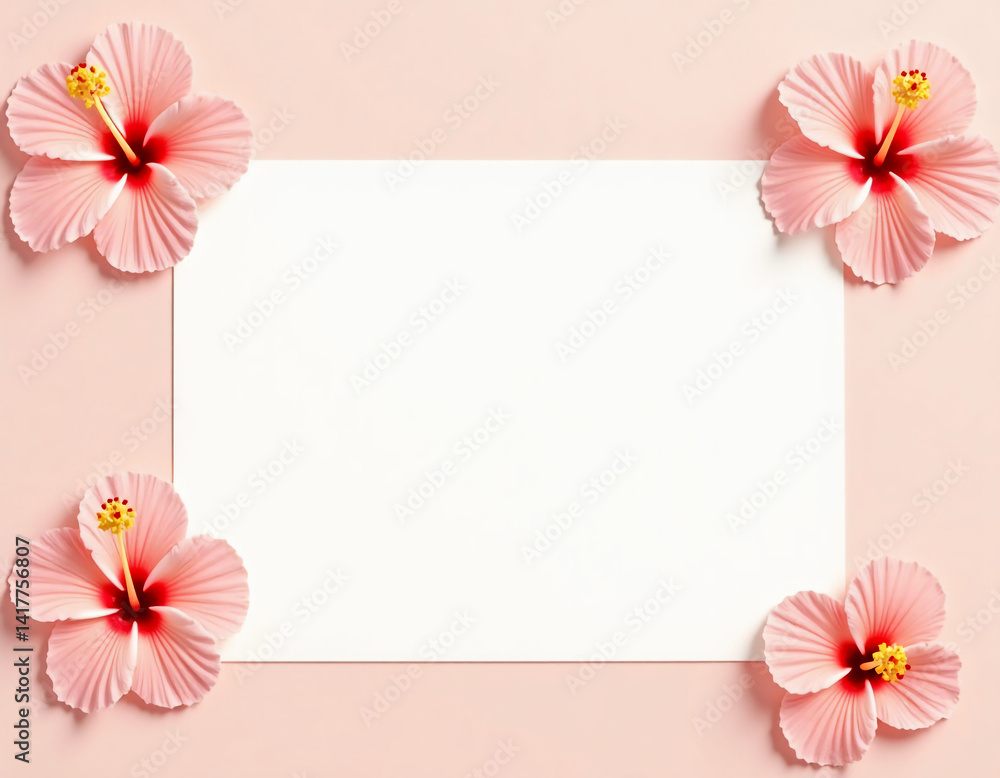 Poster delicate pink hibiscus flowers gracefully encircle a blank rectangular space on a soft peach backdro