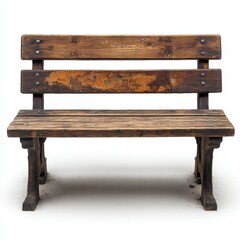 A weathered wooden park bench with black metal legs, isolated on a white background.