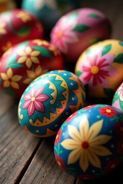Close-up of hand-painted eggs with intricate designs, close-up, creative, Easter
