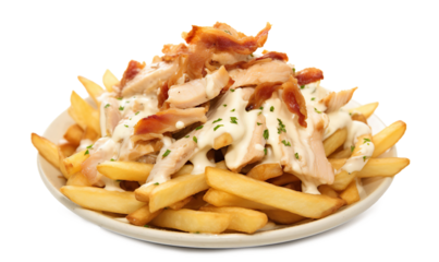 fast food, small pieces of cut up roast chicken sitting on a bed of hot thick fries, small pieces of bacon, all covered on a transparent background