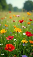 Obraz premium Close-up of intricate patterns and details of wild field flowers in a meadow, outdoor, macro