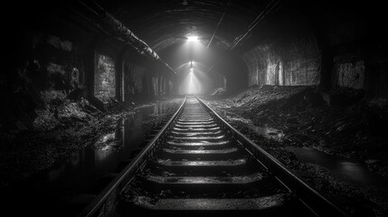 The deserted train tracks cut through the dark and gloomy tunnel, no trains in sight, only an eerie silence.