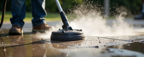 Close up of high pressure cleaner removing dirt from stone slabs, strong jet, pavement, hose, scrubbing
