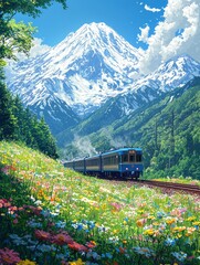 Fototapeta premium Picturesque train journey through vibrant meadow with majestic mountains