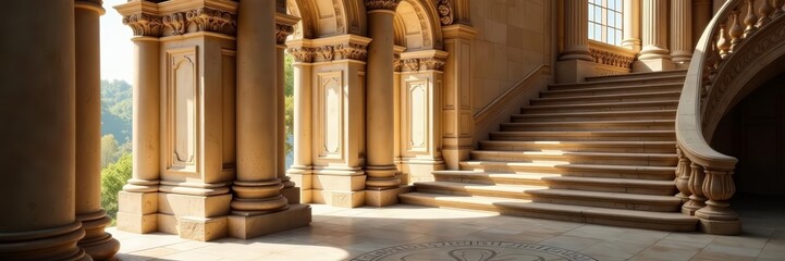 Close-up of intricate stone pillars and ornate staircase design on a classical building, pillars, classical, architecture