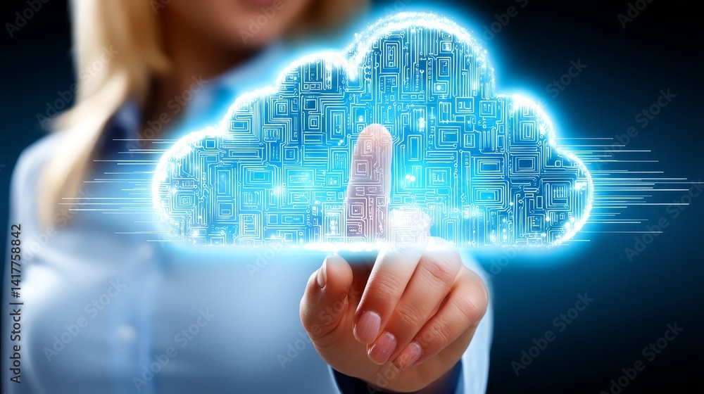 Poster accessing complex cloud architecture: finger touches glowing circuit board pattern within cloud icon