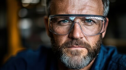 Focused worker wears safety goggles, looking directly at the viewer