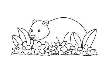 Outline Of A Bear Surrounded By Flowers Coloring Book Page Design