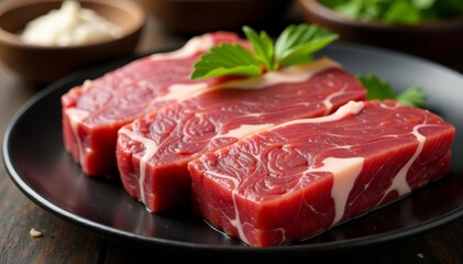 Fototapeta premium Close-up of marbled kobe beef cuts on a plate ready for grilling, gourmet, premium, raw