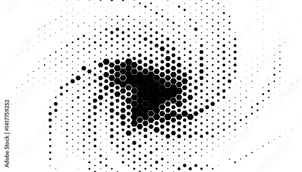 Poster black and white halftone pattern with hexagon shape transition. made spiral effect for sporty backgr
