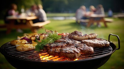 Outdoor feast Grill with meat and vegetables for family & friends near the lake