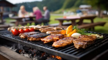 Family grilling meat and vegetables in the park, blurred background of people