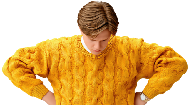 Yellow Cable Knit Sweater: A young man wearing a warm, comfortable, mustard yellow cable knit sweater.  His hands are on his hips, head down, showcasing the texture and detail of the garment.