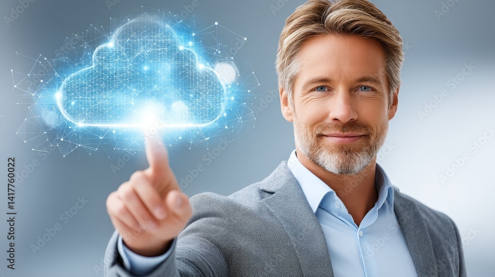 Poster engaging with a connected cloud network: smiling man touches luminous abstract cloud icon.