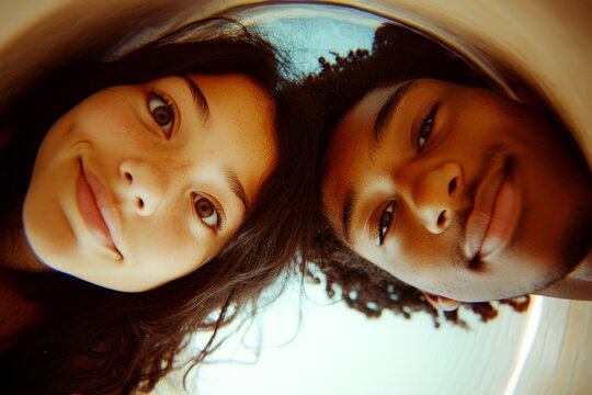 Commercial commercial conceptual art art. Valentine's day, enamored couple: extraordinary noticeable image of loving interracial high schooler couple. Sign of love and affection. Happy lovers.