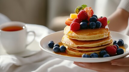 breakfast in bed, a thoughtfully arranged breakfast tray in bed, bathed in gentle morning light, evokes parental gratitude and a serene lifestyle