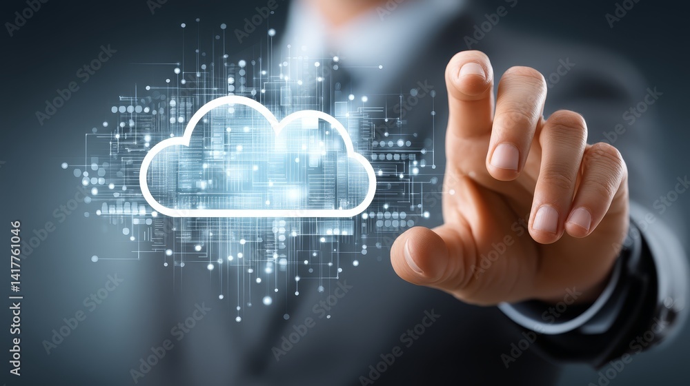 Poster a hand interacts with a luminescent cloud, representing data flow and technological connectivity.