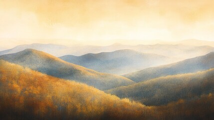 Golden Hour Serenity: A breathtaking panorama of rolling hills bathed in the soft glow of sunset, showcasing autumn's warm hues and misty valleys.