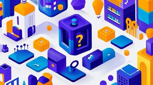 Abstract isometric tech city with question mark