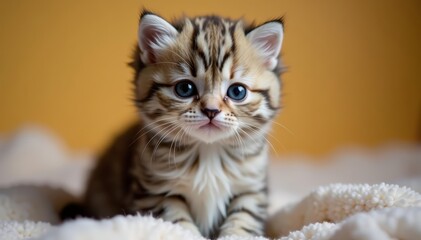 Scottish fold kitten with fluffy fur and big eyes staring at the camera, animal, cute, adorable