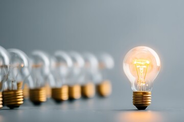 Glowing light bulb with unlit bulbs for leadership innovation symbolism  
