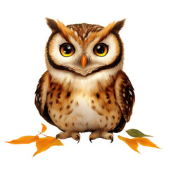 Naklejka premium Cute realistic owl with large expressive eyes perched on fallen autumn leaves against plain white background