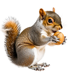 Fototapeta premium Close-up of a cute squirrel holding a walnut isolated on white background with detailed fur and expressive eyes showcasing natural wildlife behavior