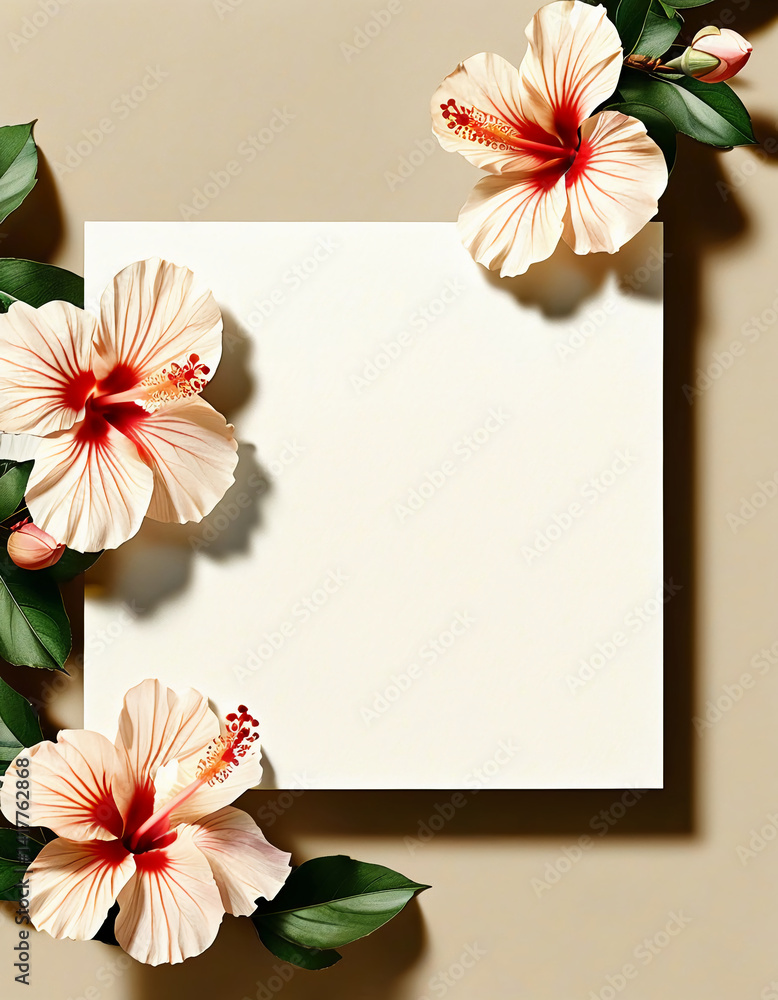 Poster hibiscus flowers with creamy petals and vibrant red accents elegantly surround an empty square, crea