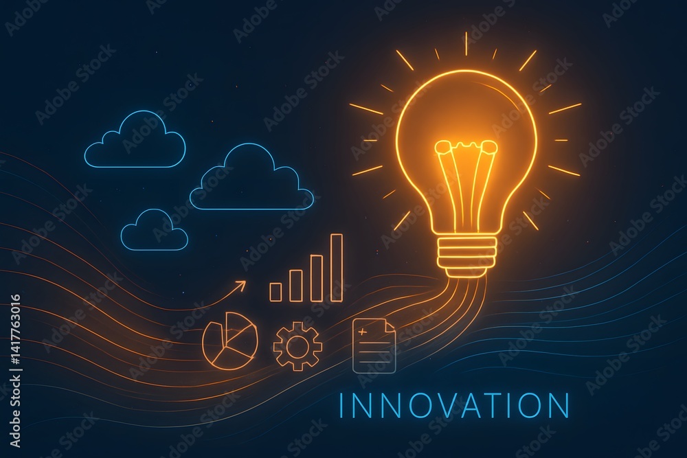 Poster creative light bulb concept with data elements and clouds illustration