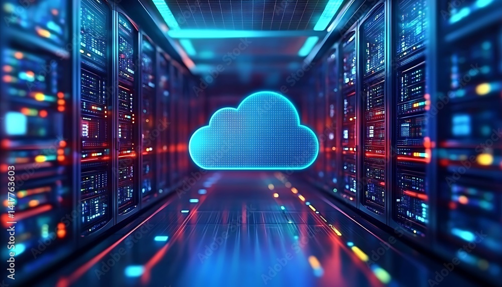 Poster futuristic server room displays modern digital tech. cloud tech icon glows in data center. modern te