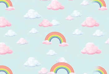 Seamless pastel rainbow and cloud pattern, ideal for baby-themed designs, cloud pattern, cute