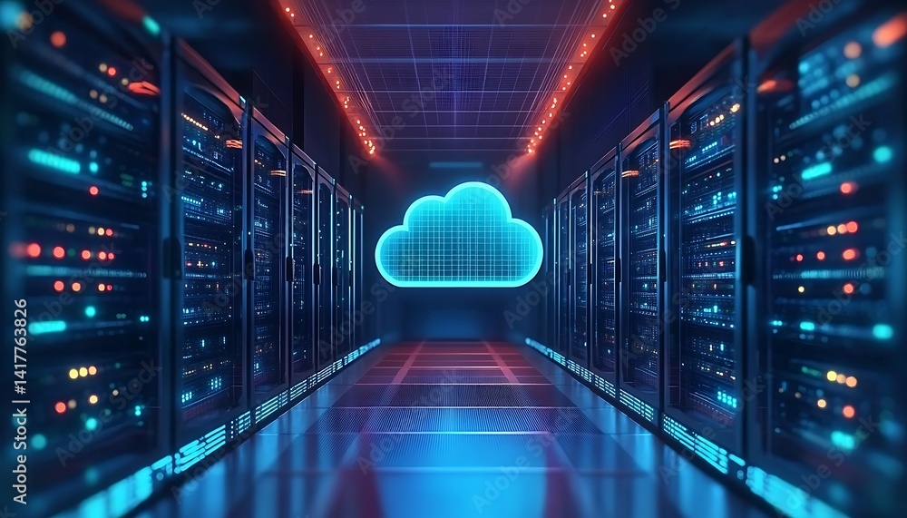 Poster futuristic server room displays modern digital tech. cloud tech icon glows in data center. modern te