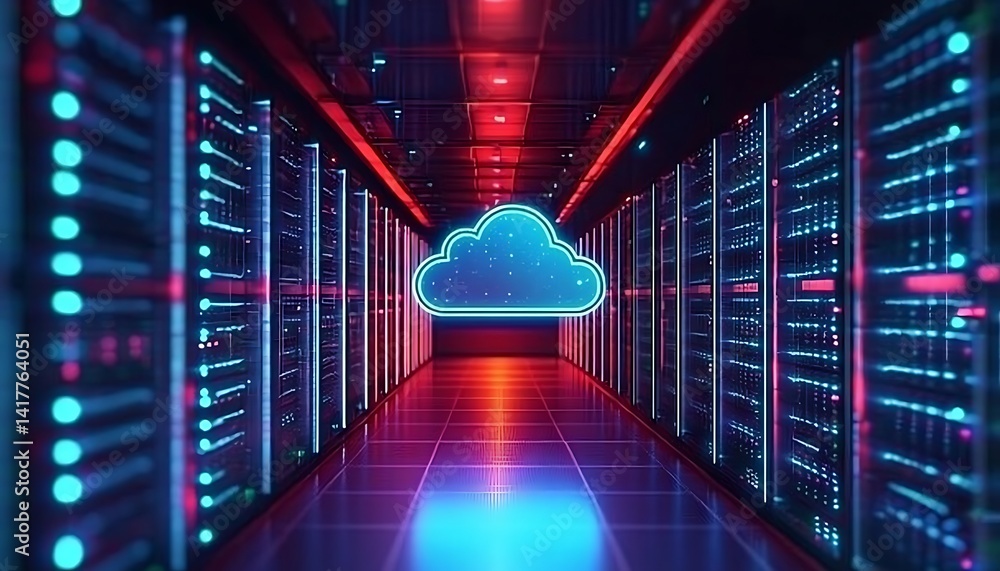 Poster futuristic server room displays modern digital tech. cloud tech icon glows in data center. modern te