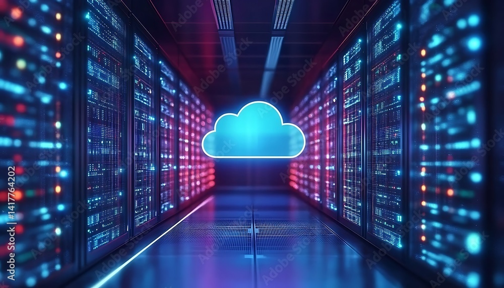 Poster futuristic server room displays modern digital tech. cloud tech icon glows in data center. modern te