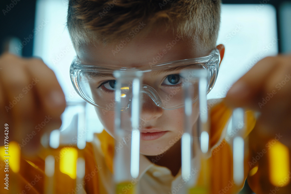 Poster young scientist exploring chemistry with laboratory beaker in science experiment generative ai