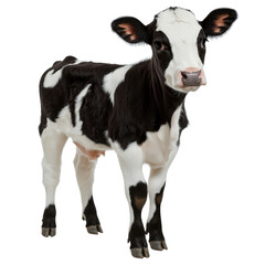 Adorable young Holstein calf standing against a plain white background with detailed black and white markings and alert ears in a close-up shot