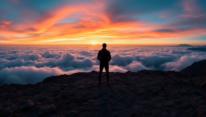 Obraz premium Man Standing on Mountain Peak Above Clouds at Vibrant Sunset