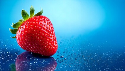 Strawberries on a blue gradient background with dew drops
