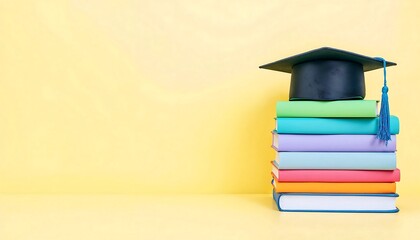 Graduation Cap on Books Stack Education Concept with Copy Space