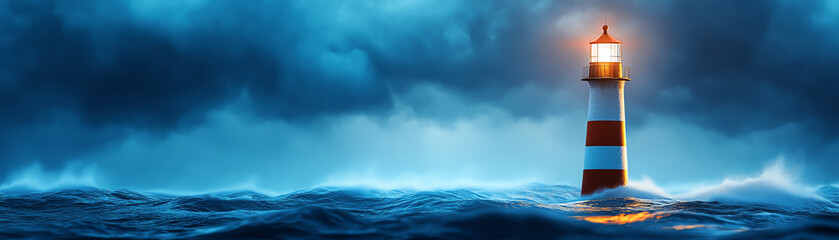A serene lighthouse stands tall against a stormy sea, surrounded by dark clouds and turbulent waves. The beam of light cuts through the gloom, guiding sailors safely home.