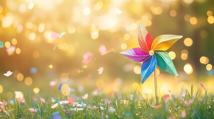 A vibrant rainbow pinwheel dances joyfully in a sunlit meadow, celebrating a carefree spring day amidst scattered confetti and warm, golden light.
